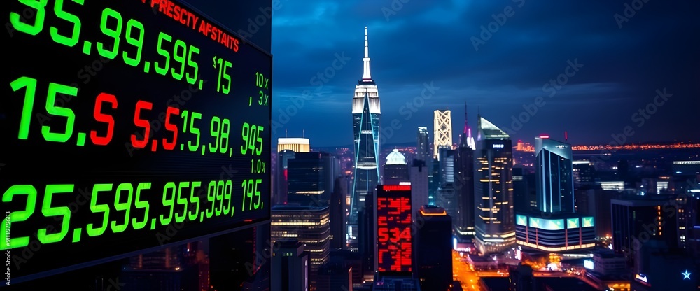 Poster a vibrant image showcasing a digital stock market ticker scrolling across the frame, prominently dis