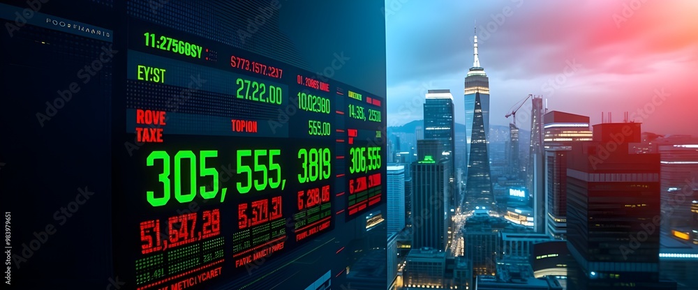 Poster a vibrant image showcasing a digital stock market ticker scrolling across the frame, prominently dis