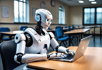 Humanoid robot using laptop. Generative AI