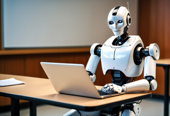 Humanoid robot using laptop. Generative AI