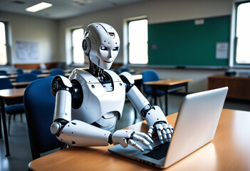 Humanoid robot using laptop. Generative AI