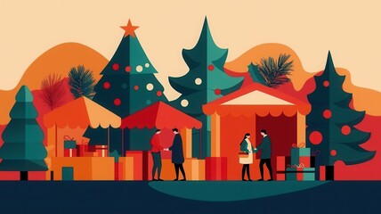 Obraz premium A festive illustration featuring colorful Christmas trees, holiday decorations, and cheerful people enjoying a seasonal market.