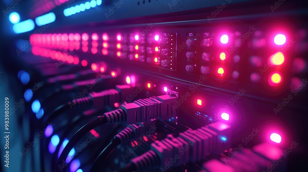 Poster advanced data center network equipment with glowing leds