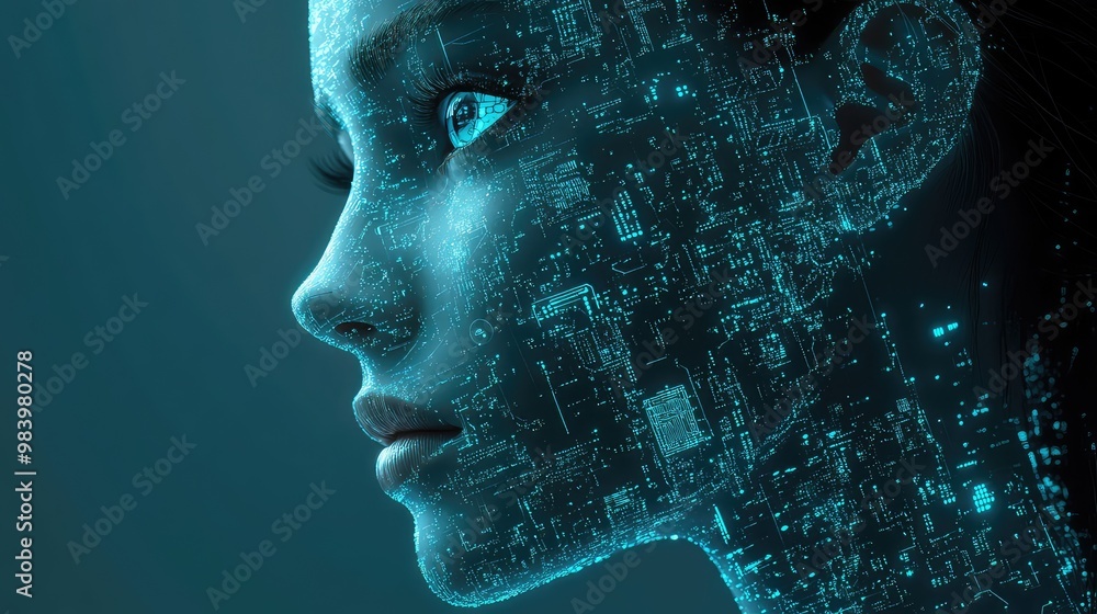 Poster ai humanoid robot in light neon blue on technology background - chatbot concept with cyborg face and