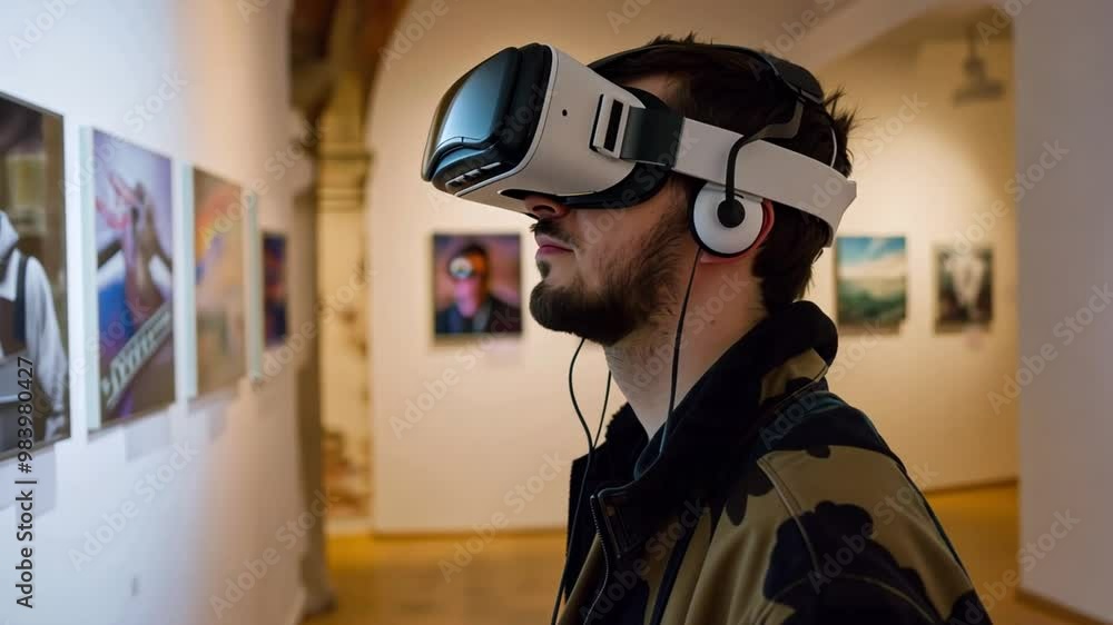 Poster a visitor is using a virtual reality headset in an art gallery, fully immersed in the digital experi