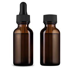 glass bottles and essential oil on white