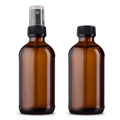 two transparent bottles for cosmetic or other care. isolated on white.