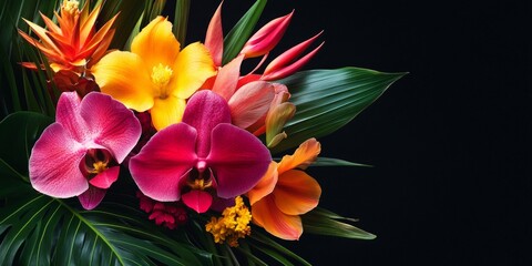 Naklejka premium A vibrant arrangement of tropical flowers creates a stunning visual. Richly colored orchids blend with bright yellows and vibrant greens. Perfect for decoration or illustration. AI
