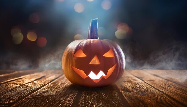 halloween concept pumpkin jack with glowing eyes on wooden surface with space for text