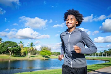 happy african american teenager jogging in the park
