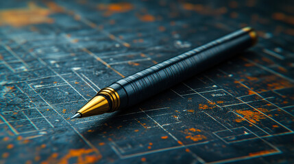 Elegant Black and Gold Pen on Filled Checkbox Blueprint Background Reflecting Business Planning and Productivity
