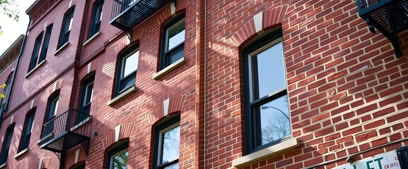 Naklejka premium The classic brickwork of an older apartment building, with its sturdy, timeless architecture and character.