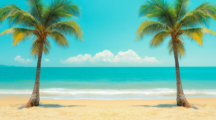 Serene Tropical Beach with Palm Trees Against Blue Sky and White Clouds, Perfect for Summer Vacation and Travel Inspiration, Vintage Tone Filter Effect