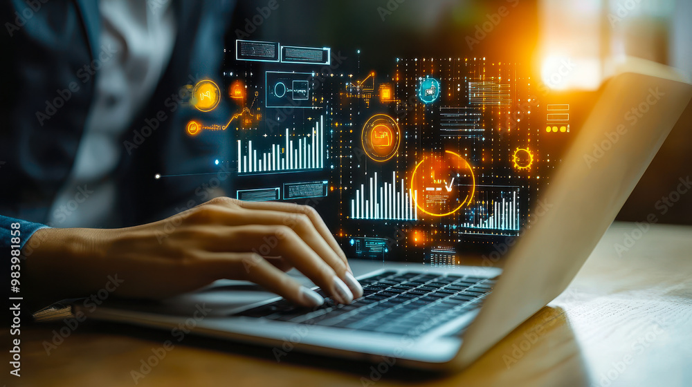Poster businessman using laptop for online digital marketing with data analytics and graphs, attracting cus