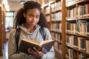 girl reading book in library