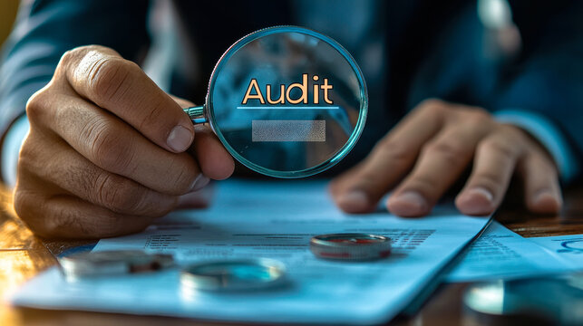 Businessman Using Magnifying Glass to Audit and Evaluate Financial Statements for Fraud Investigation in Office Setting Concept