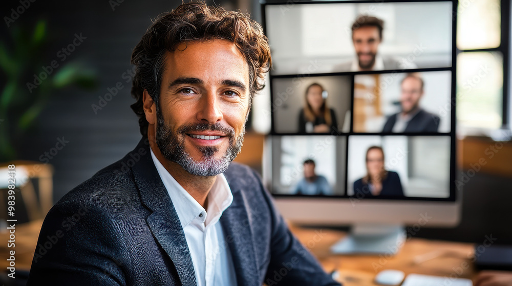 Poster smiling professional during online video conference interview with team members on computer screen