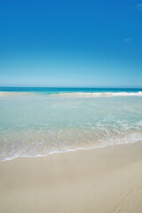 Beach, shoreline or space with sand, blue sky or paradise for vacation or environment to relax. Brazil, mockup or nature view of water, sea and ocean in Rio de Janeiro with destination for travel
