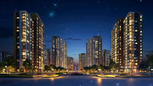 Residential high-rise buildings glowing at night with reflections in the water. Seamless looping 4k time-lapse video background
