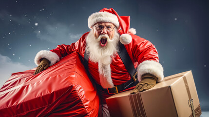 A man dressed as Santa Claus with a large red bag of presents