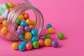 Obraz premium Colorful candies spilling out of an open jar on a pink background 