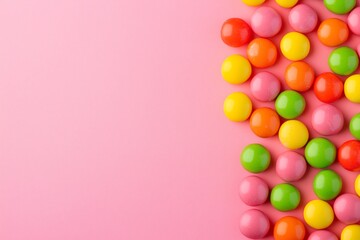 Obraz premium Colorful Skittles candies on a pink background 