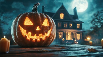 Halloween pumpkin with candlelight in front of a haunted house background,