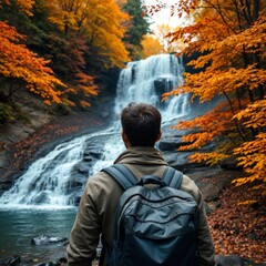 Hiker Admiring Autumn Waterfall