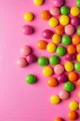 Obraz premium Colorful Skittles candies on a pink background 