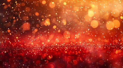A bright red Christmas background featuring sparkling glitter, softly falling snowflakes, and twinkling golden lights in a bokeh style