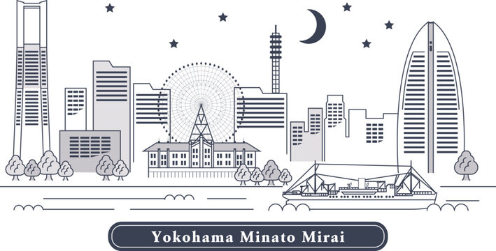 Yokohama Minatomirai 横浜みなとみらい｜ランドマークタワーや赤レンガ倉庫など&hellip;おしゃれなベイエリア横浜みなとみらいの街並み線画イラスト