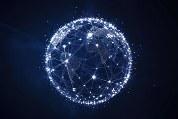 Obraz premium A network of glowing white dots forms a spherical shape on a dark blue background.