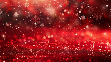 Vivid red glitter Christmas background, accented by softly floating snowflakes and glowing light trails that create a magical winter atmosphere