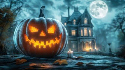 Obraz premium Halloween pumpkin with candlelight in front of a haunted house background,