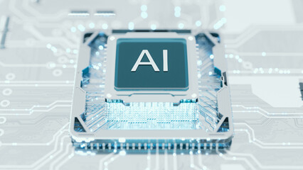 CPU connection with motherboard. AI accelerated microchip connecting with white PCB. Chip activates circuit board. Semiconductor metle surface.