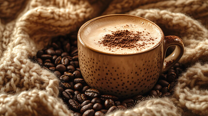 A warm cup of coffee with a sprinkle of cocoa on top, surrounded by coffee beans and a cozy blanket.