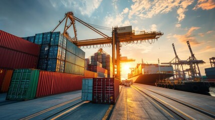 Cargo Ship at Sunset at a Busy Port
