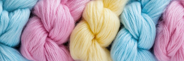 Close - up of knitted wool texture with thick yarn in soft pastel colors