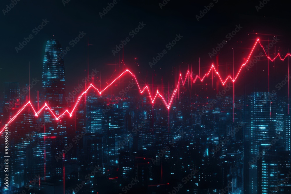 Poster a red line chart with sharp peaks and drops is displayed over a digital cityscape,