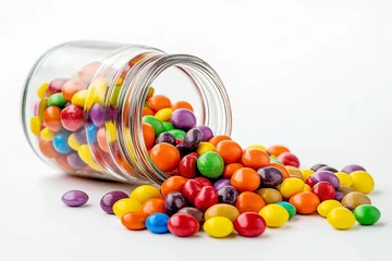 Fototapeten A glass jar of colorful gumball candies on isolated background © srenhouse