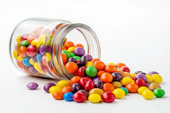 A glass jar of colorful gumball candies on isolated background