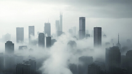 A visual representation of urban smog and pollution with a city skyline in the background.