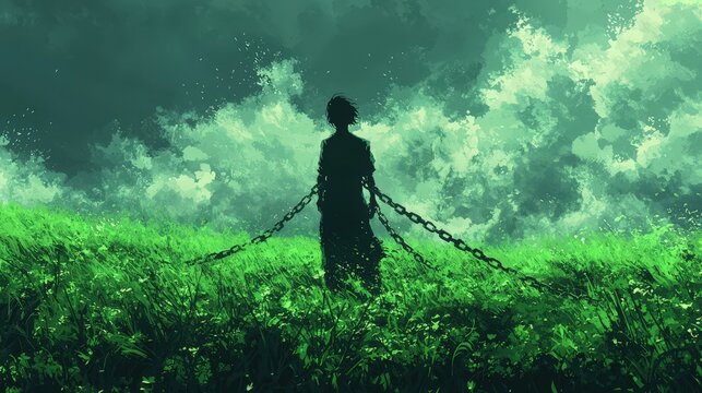 A dramatic capture of a man breaking free from chains in a verdant field. The chains snap and fall away, and the expansive field stretches out behind him, symbolizing the ultimate freedom and the