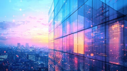The glass facade of a modern office building, glowing in a soothing blue light. The city skyline in the background is gently blurred, creating a striking contrast that highlights the building's