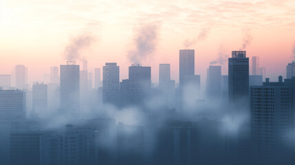 Fototapeta premium A visual representation of urban smog and pollution with a city skyline in the background.