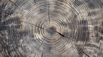 Fototapeta premium Warm gray wood texture close-up of the cut surface showing intricate tree rings and natural grain patterns