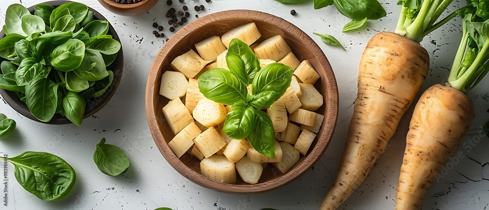 Wall mural a wooden bowl of chopped vegetables with fresh basil, surrounded by greens and roots.