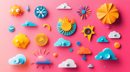 A visual of vibrant weather icons with a playful arrangement and bright colors.
