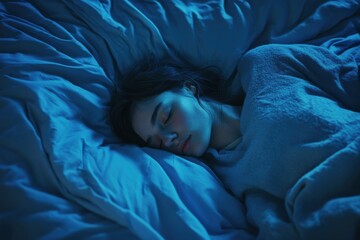 A serene image of a woman sleeping soundly in a comfortable, cozy bed with soft blue lighting