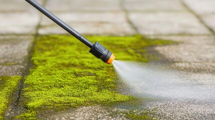 Partial view of power washing equipment cleaning green lichen from cement floor